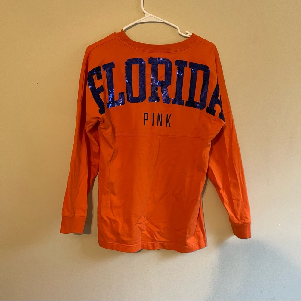 pink vs | long sleeve orange & blue sequin florida shirt